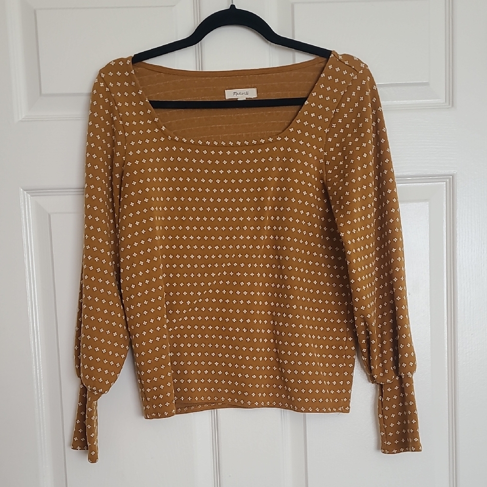Madewell Mustard Knit Top with Tiny White Flower Motif